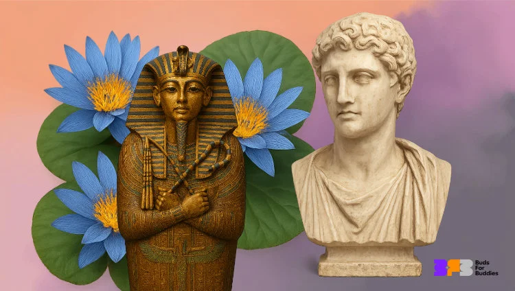 Blue lotus was used in ancient Egypt, Greece and Rome: blue water lily, sarcophagus and Greek bust, BFB logo at bottom right.