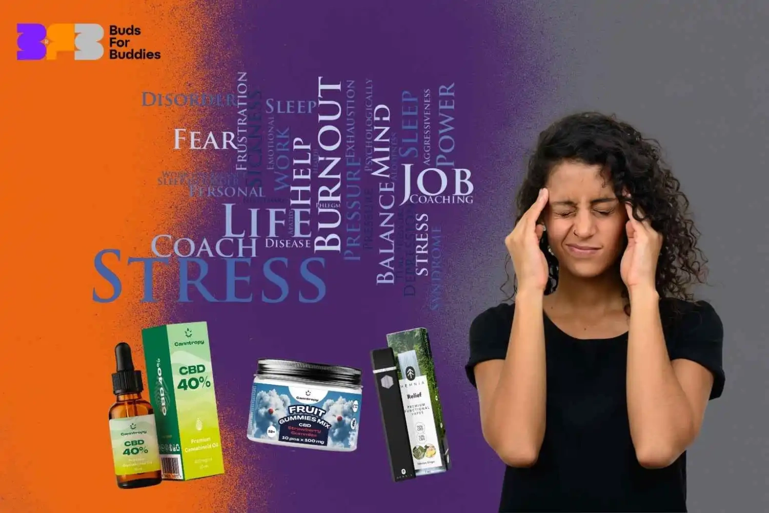 Stress relief using CBD - woman with headache, supplemented with Canntropy CBD oil products, gummies, and Hemnia CBD vape pen Relief