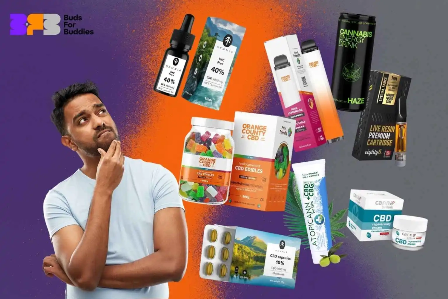 Various forms of CBD products - oils, capsules, gummies, creams and vaporizers from Hemnia, Orange County CBD, Eighty8, Cannabellum and others