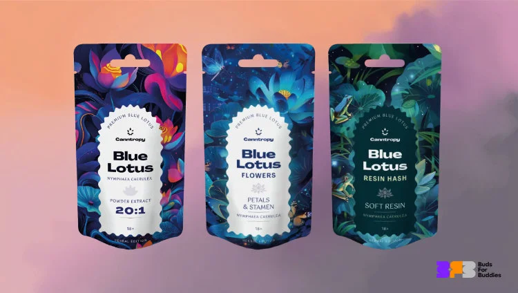 Blue lotus products: extract, dried petals and hashish, BFB logo at bottom right.
