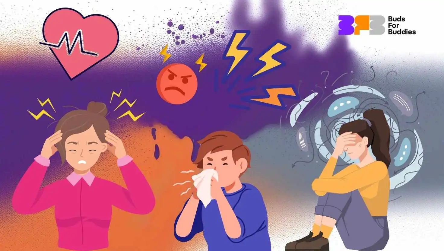 Illustration showing long-term stress physical symptoms such as stress headaches, heart palpitations, colds and anxiety