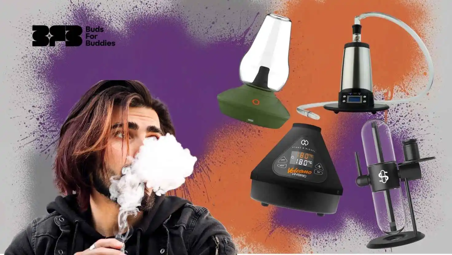 The man vapes and next to him are the best desktop vaporizers like Volcano Hybrid, Stundenglass, Arizer x Tower and Zenco Duo Leaf