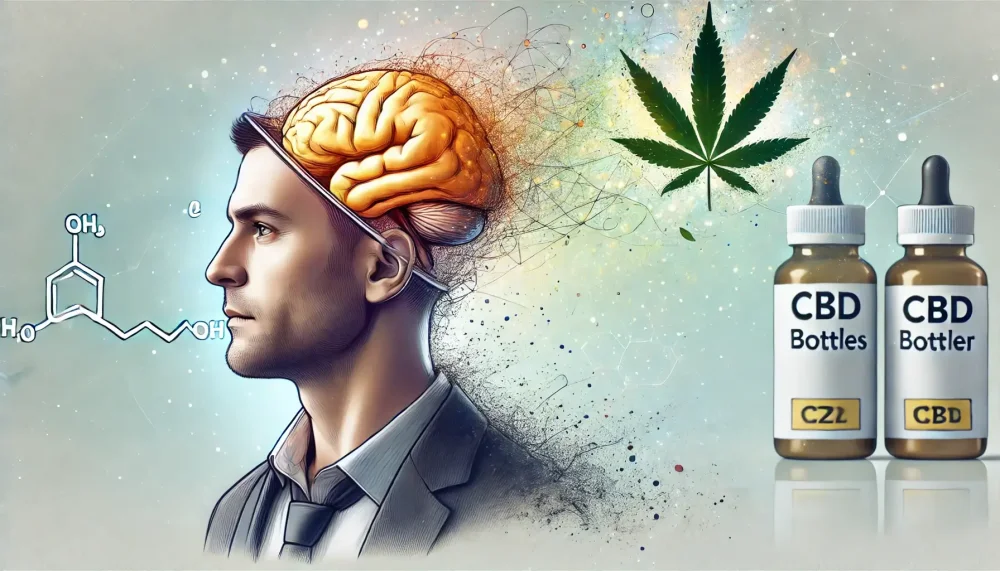 Muž, kterému je vidět mozek a vedle něj jsou lahvičky CBD, CBD může pomoci proti ztrátě paměti.