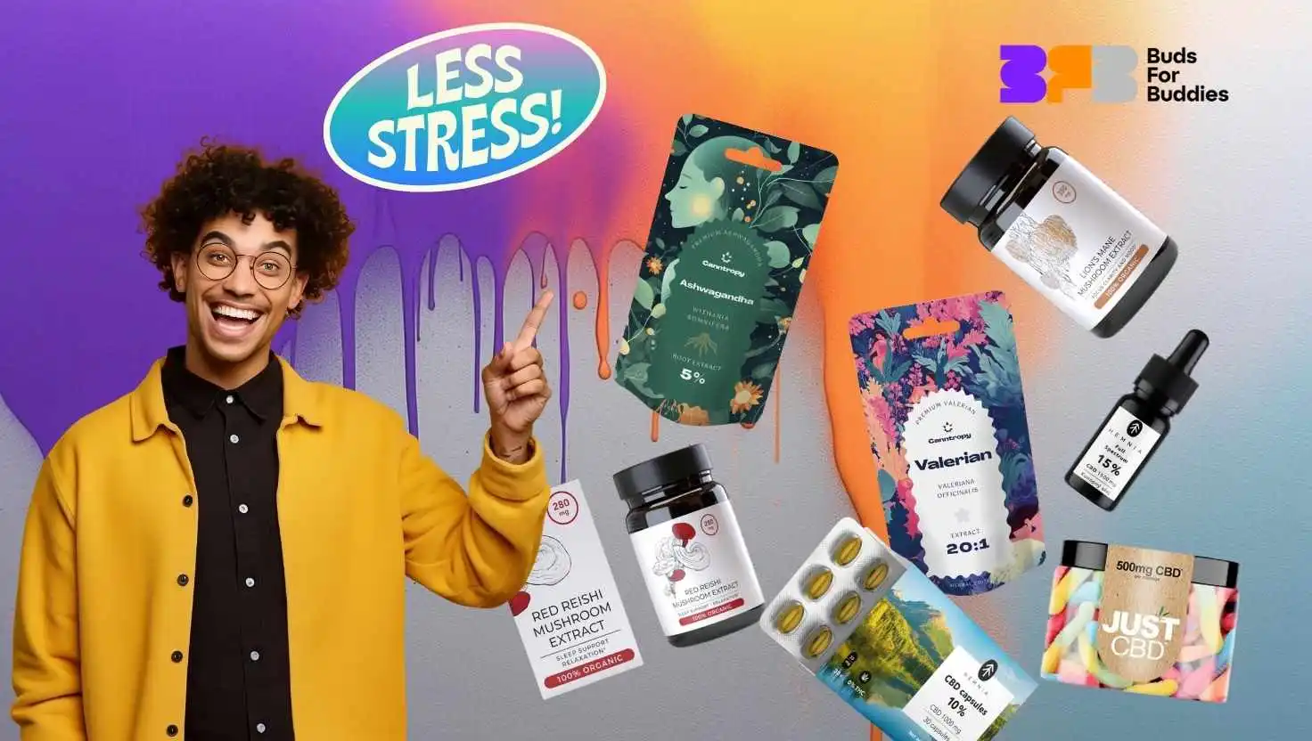 Man points to products what helps for stress and nerves like Canntropy ashwaganda, valerian, endoca medicinal reishi mushroom, lions mane and CBD products like gummies, oil, capsules