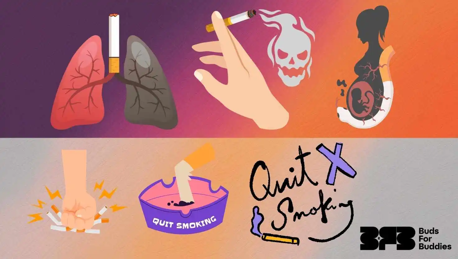 Illustrations highlighting the harmful effects of smoking, including lung damage, pregnancy and health