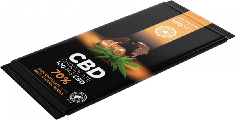 CBD-tumma suklaa suolaisilla karamellihelmillä (100 mg CBD), 15 patukkaa laatikossa, 1200 g