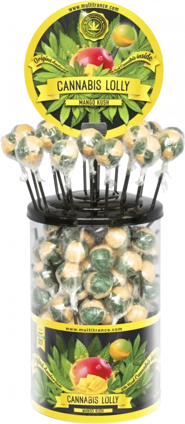 Cannabis Mango Kush Lollies – Displaybehållare (100 Lollies), 1800 g