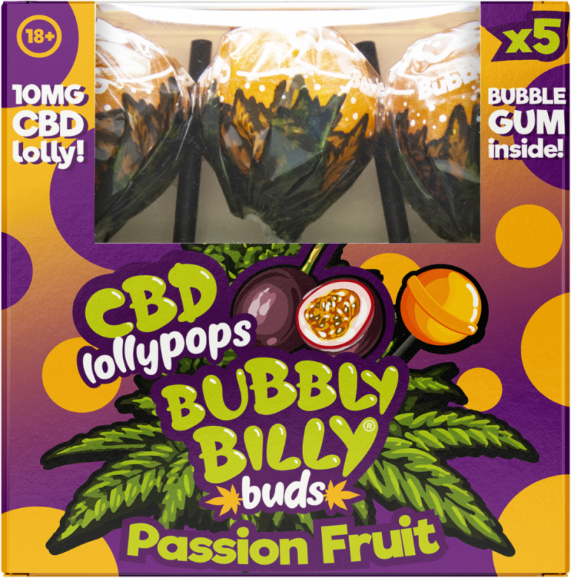 Bubbly Billy Buds 10 mg CBD-passionhedelmätikkuja purukumilla – lahjarasia (5 tikkaria), 90 g