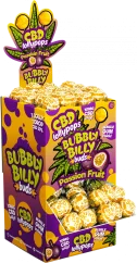 Bubbly Billy Buds 10 mg CBD Passion Fruit Lollies, jonka sisällä on kuplipuuta – näyttöpakkaus (100 tikkumäistä), 1800 g