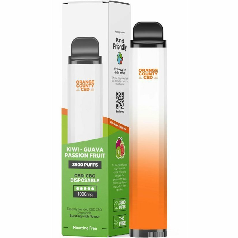 Orange County CBD Vape kynä Kiwi - Guava & Passion Fruit 3500 Puff, 600 mg CBD, 400 mg CBG, 10 ml