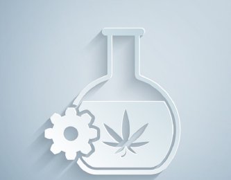 Ķīmiskā mēģene ar laboratorijas HHCH eļļas un kaņepju lapas ikonu 