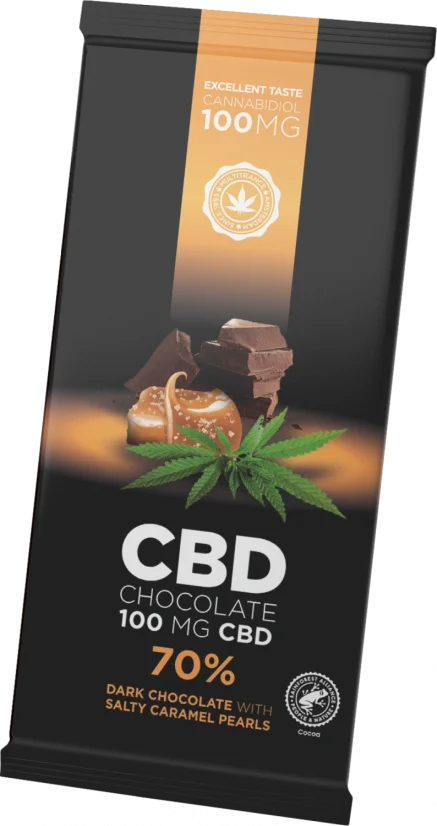 CBD-tumma suklaa suolaisilla karamellihelmillä (100 mg CBD), 15 patukkaa laatikossa, 1200 g