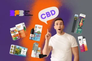 Mikä on CBD - mies osoittaa erilaisia CBD-tuotteita, kuten öljyjä, kapseleita, purukumia ja höyrystimiä, joissa on budsforbuddies-logo.