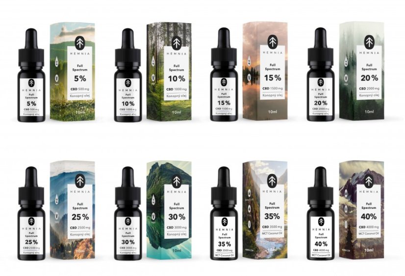 Hemnia Full Spectrum CBD oleje 5% až 40%, All in One Set - 8 koncentrácií x 1 ks, 80 ml