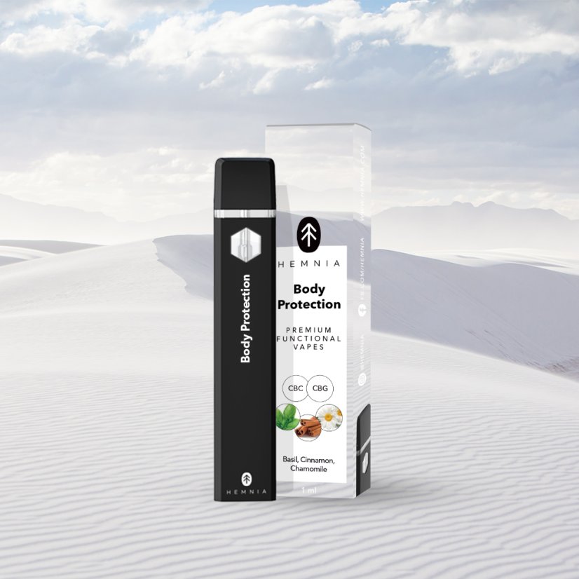 Hemnia Premium Functional CBC ja CBG Vape Pen Body Protection - 20 % CBC, 75 % CBG, basilika, kaneli, kamomilla, 1 ml