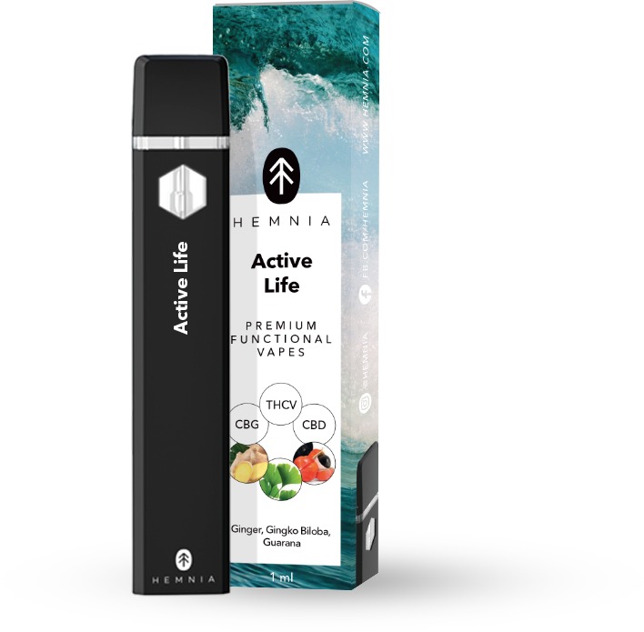 Hemnia Prémiové funkčné THCV, CBG a CBD Vape Pen Active Life – 20 % THCV, 50 % CBG, 25 % CBD, zázvor, gingko, guarana, 1 ml
