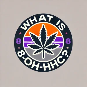 A leaf of cannabis in a circle with text in it: What is 8-OH-HHC? A leaf of cannabis in a circle with text in it: What is 8-OH-HHC?