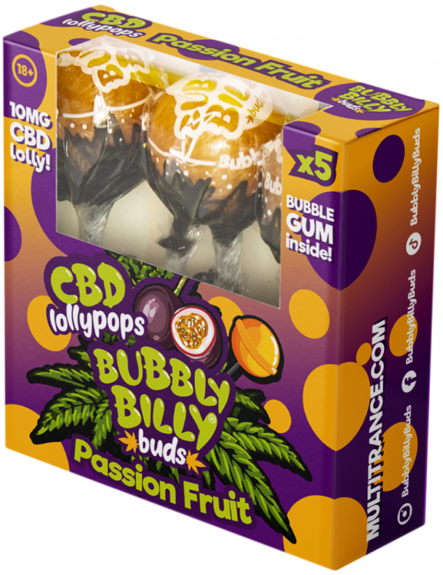 Bubbly Billy Buds 10 mg CBD-passionhedelmätikkuja purukumilla – lahjarasia (5 tikkaria), 90 g