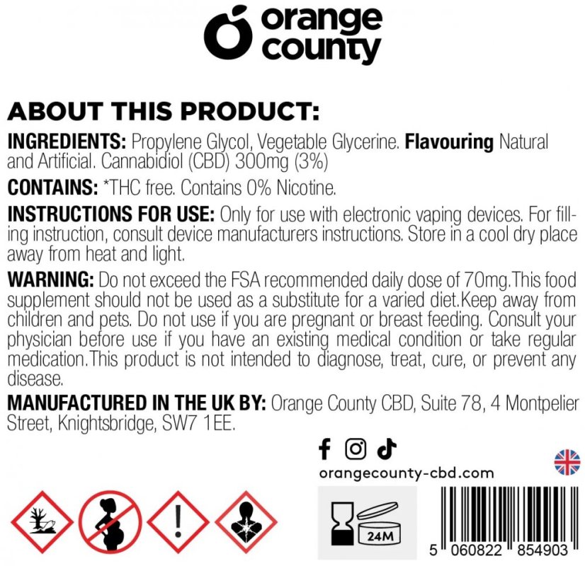 Orange County CBD E-Liquid Sour Blue Raspberry, CBD 300 mg, 10 ml
