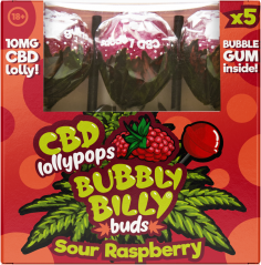 Bubbly Billy Buds 10 mg CBD Sour Raspberry Lollies with Bubblegum Inside – Gift Box (5 Lollies), 90 g