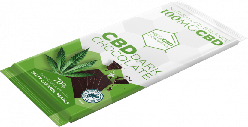 MediCBD Tumma suklaa suolaisilla karamellihelmillä (100 mg CBD), 15 patukkaa laatikossa, 1500 g