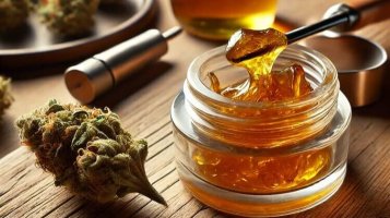 Tekniset kannabiskukat, astia, jossa on elävää hartsia, ja erikoistyökalu elävän hartsin kauhomista varten