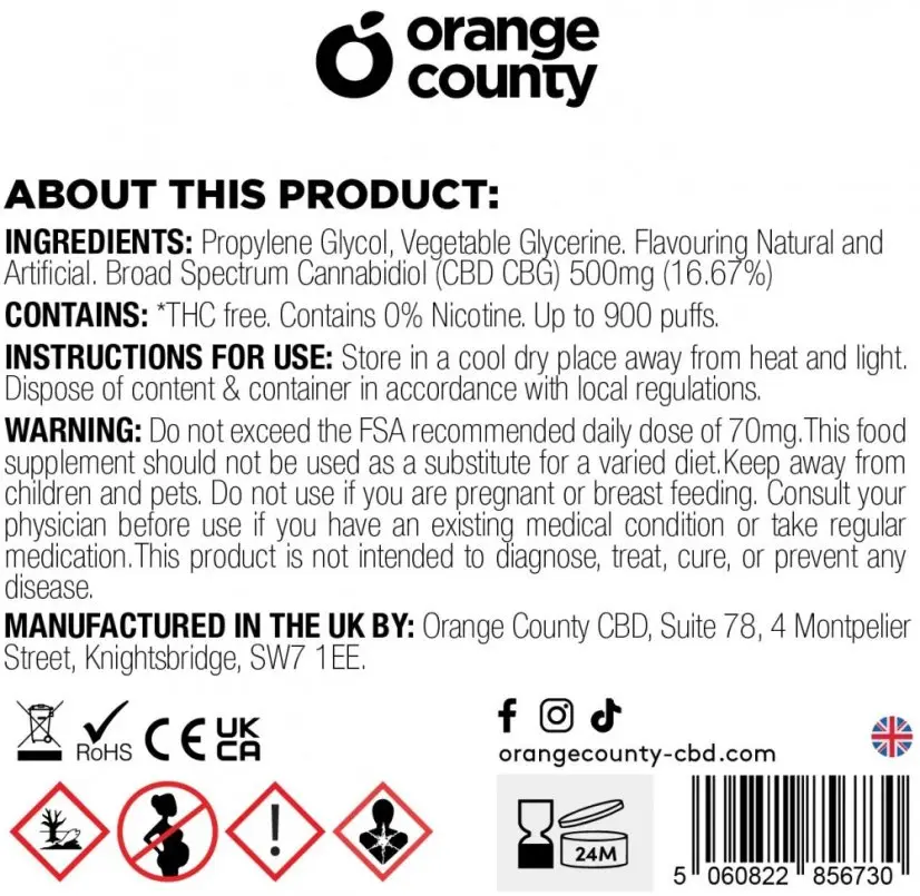 Orange County CBD Vape Pen Sour Apple, 250 mg CBD + 250 mg CBG, 3 ml