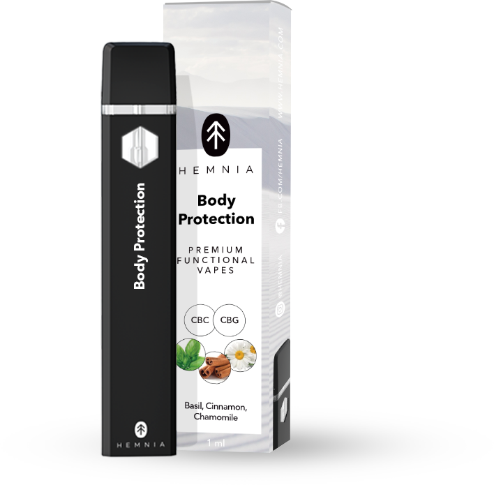 Hemnia Premium Functional CBC ja CBG Vape Pen Body Protection - 20 % CBC, 75 % CBG, basilika, kaneli, kamomilla, 1 ml