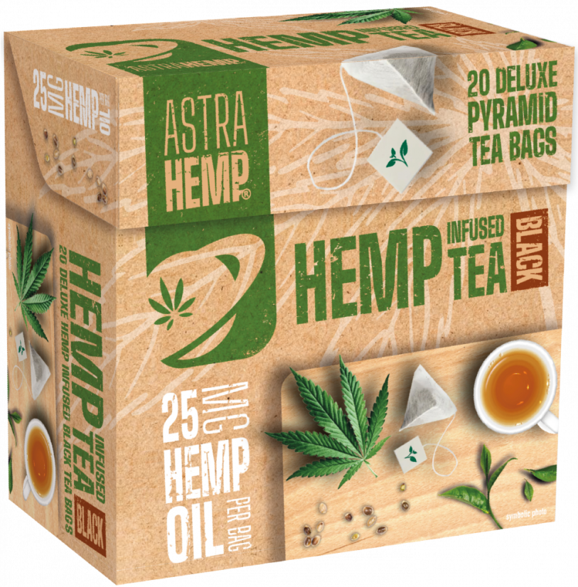 Astra Hemp Musta Tee 25 mg Hamppuöljy (Laatikko, jossa 20 Pyramid-teepussia), 30 g