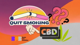 Motivējoša smēķēšanas atmešanas ilustrācija, kurā uzsvērta CBD lietošana, iekļauti tādi simboli kā salauzta cigarete un CBD, kas var palīdzēt atmest smēķēšanu.