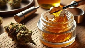 Tekniset kannabiskukat, astia, jossa on elävää hartsia, ja erikoistyökalu elävän hartsin kauhomista varten