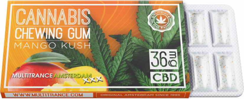 Žuvačka Cannabis Mango (36 mg CBD) – vitrína (24 škatúľ), 408 g