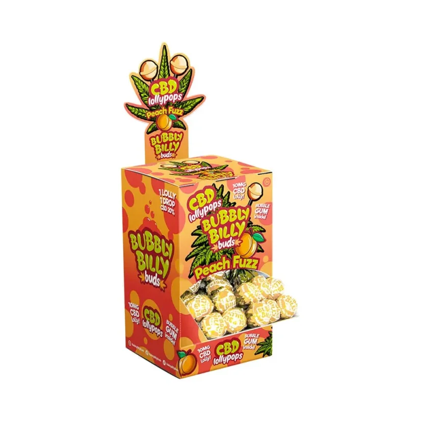 Bubbly Billy Buds 10 mg CBD Peach Fuzz Lollies - Esittelysäiliö (100 Lollies), 2000 g