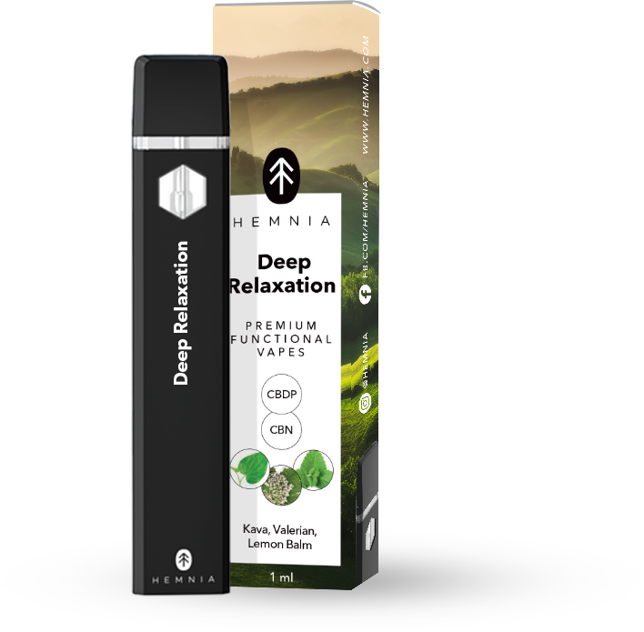 Hemnia Premium Functional CBDP ja CBN Vape Pen Deep Relaxation - 5 % CBDP, 90 % CBN, Kava, Valerian, Sitruunamelissa, 1 ml