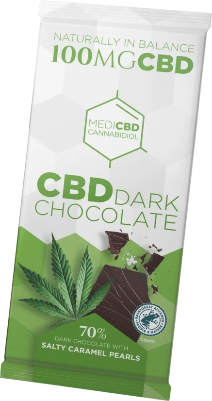 MediCBD Tumma suklaa suolaisilla karamellihelmillä (100 mg CBD), 15 patukkaa laatikossa, 1500 g