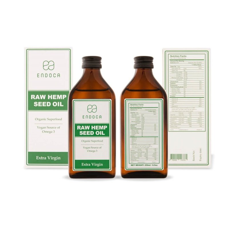 Endoca Raaka luomu hampunsiemenöljy Extra Virgin, 250 ml