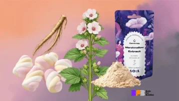 Zleva: bonbony marshmallow, kořen proskurníku lékařského, proskurník lékařský, práškový extrakt Canntropy.