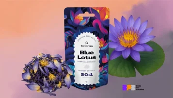 Sušené okvetné lístky modrého lotosu, extrakt z modrého lotosu a rastlina modrej leknice, logo BFB vpravo dole