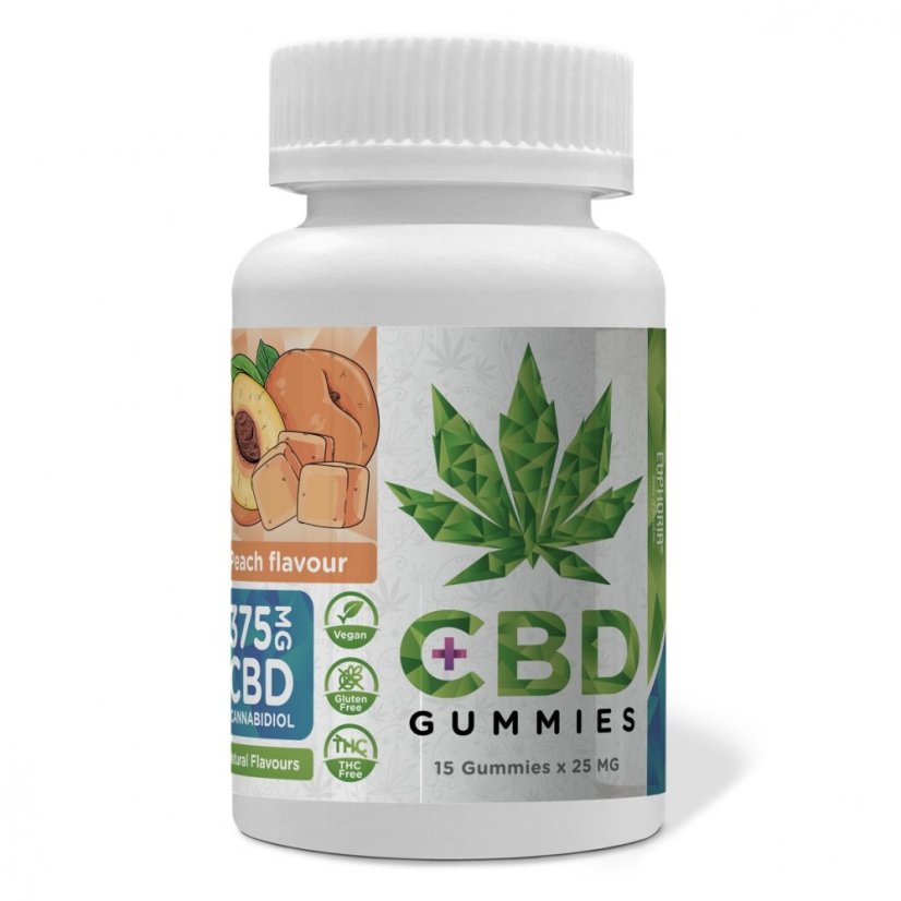 Euphoria CBD Gummies persikka 375 mg CBD, 15 kpl x 25 mg, 45 g