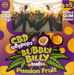 Bubbly Billy Sucettes Buds 10 mg CBD au fruit de la passion avec chewing-gum à l'intérieur – Coffret cadeau (5 sucettes), 90 g