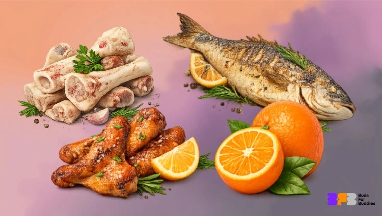 Esimerkkejä kollageenirikkaista ruoista: lihaluut liemeen, kanan siivet, uunissa paistettu kala iholla, appelsiinit — vitamiini C:n lähde kollageenin tuotannon tukemiseksi