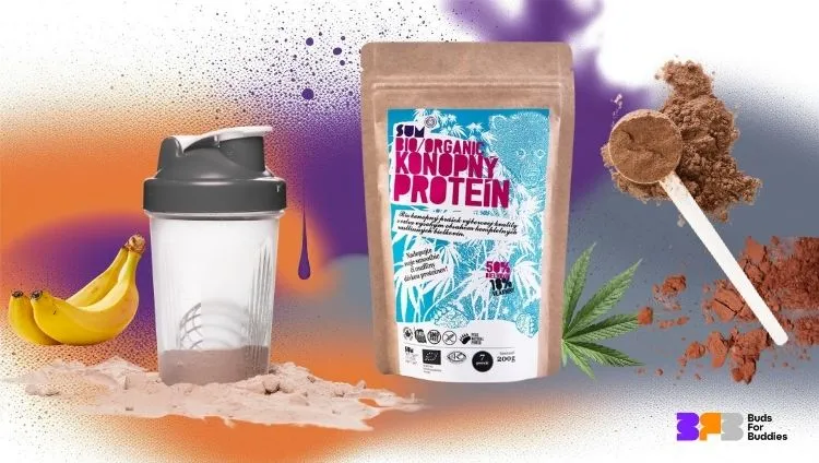 Bananas, shaker, and organic hemp protein from Sum, BudsForBuddies logo at bottom right