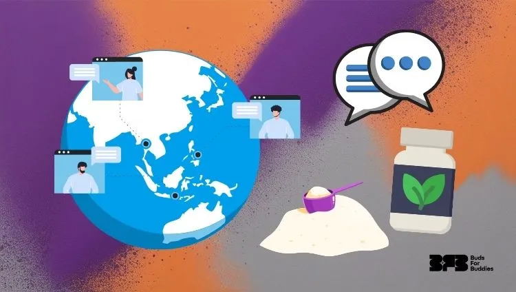 Kanna experience: online sharing, supplement container and powder measuring spoon, black BudsForBuddies logo in the bottom right corner