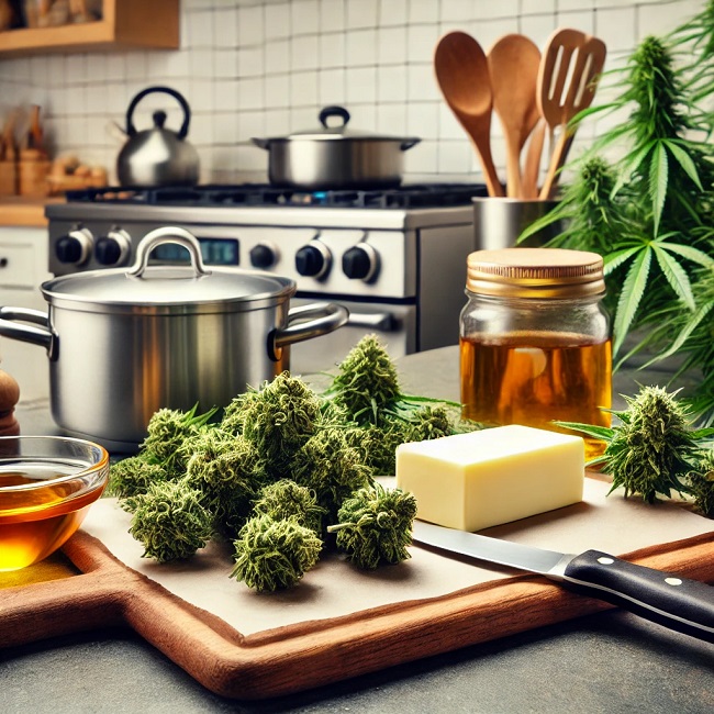 CBD flowers and butter in the kitchen, CBD flowers can be taken in the form of butter