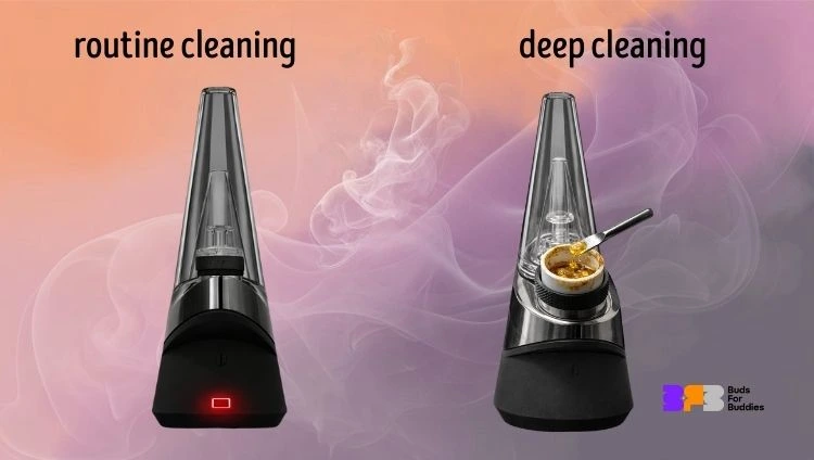 A discharged Puffco Peak vaporiser showing ongoing cleaning, next to a vaporiser clogged with concentrates showing thorough cleaning