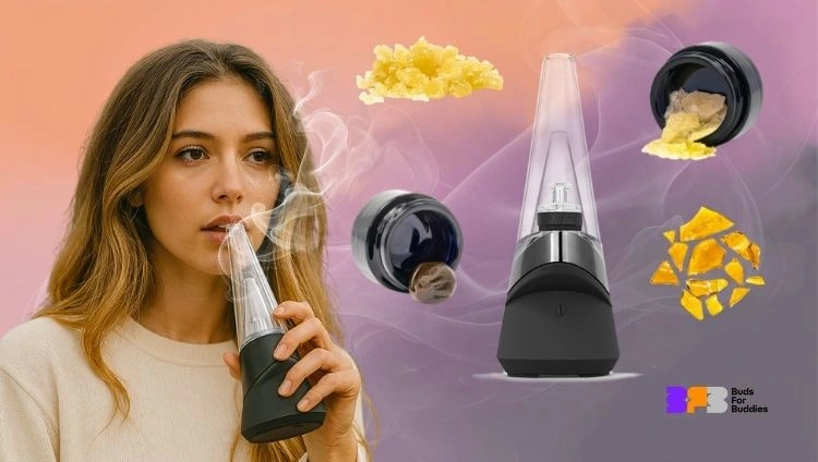 Woman vaping Puffco Peak, next to her vaporiser and concentrates, Buds For Buddies logo at bottom right