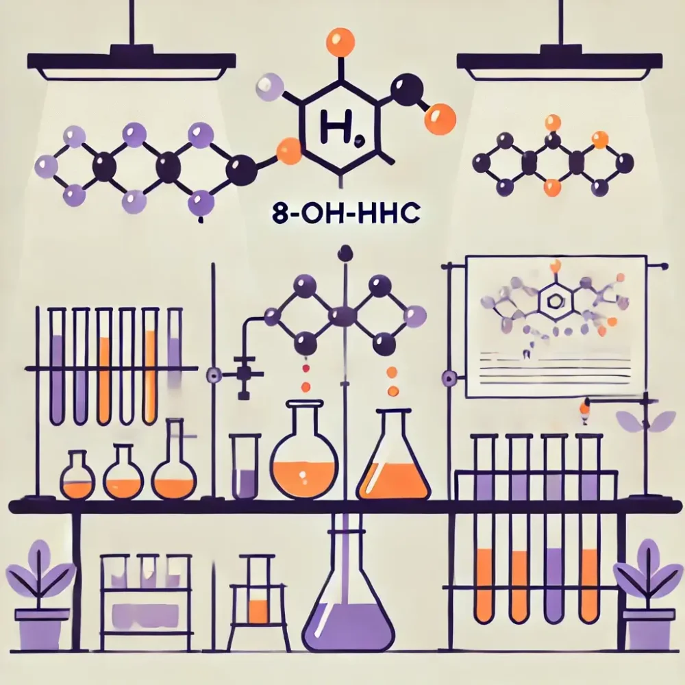 Illustrated laboratory where 8-OH-HHC is formed, illustration of molecules, vessels and beakers, text: 8-OH-HHC