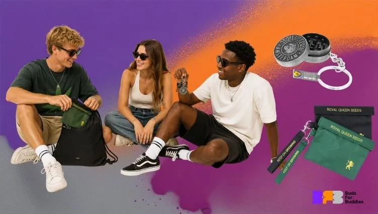 Three people are sitting next to each other; one of them is taking a Royal Queen Seeds odour-resistant bag out of a The Bulldog rucksack, and another is holding a The Bulldog keyring with a mini grinder; the budsforbuddies logo is at the bottom right