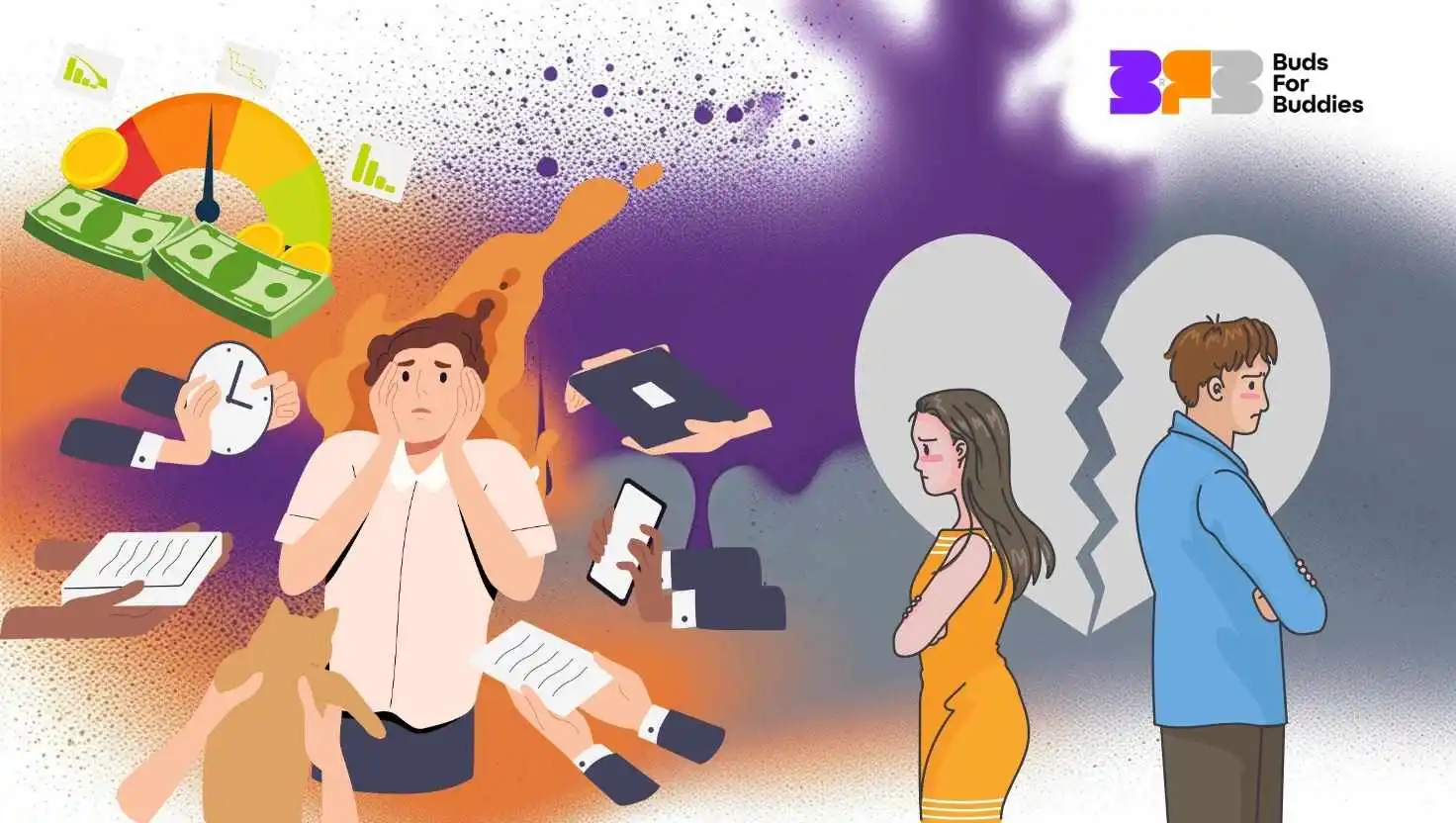 An illustration that shows the causes of chronic stress such as lack of money, work overload and break-ups