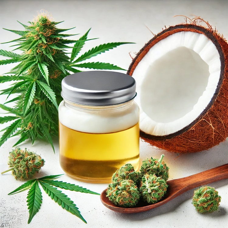 CBD plants, CBD flowers and coconut oil with which to mix CBD flowers
